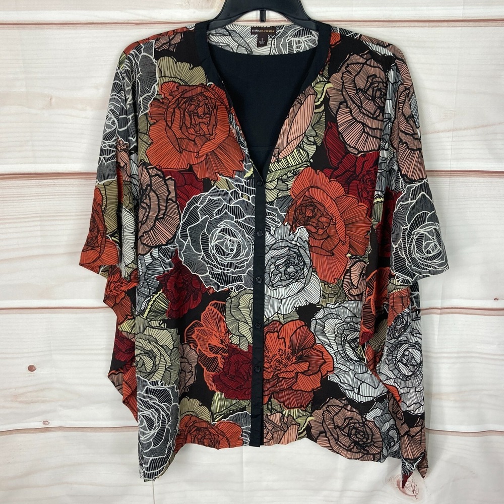 Dana Buchman Top Women L Multicolor Floral Button Up Poncho Blouse Layered Woven